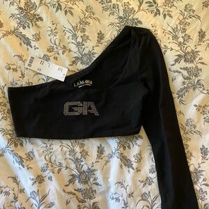 IAMGIA one shoulder rhinestone cropped top